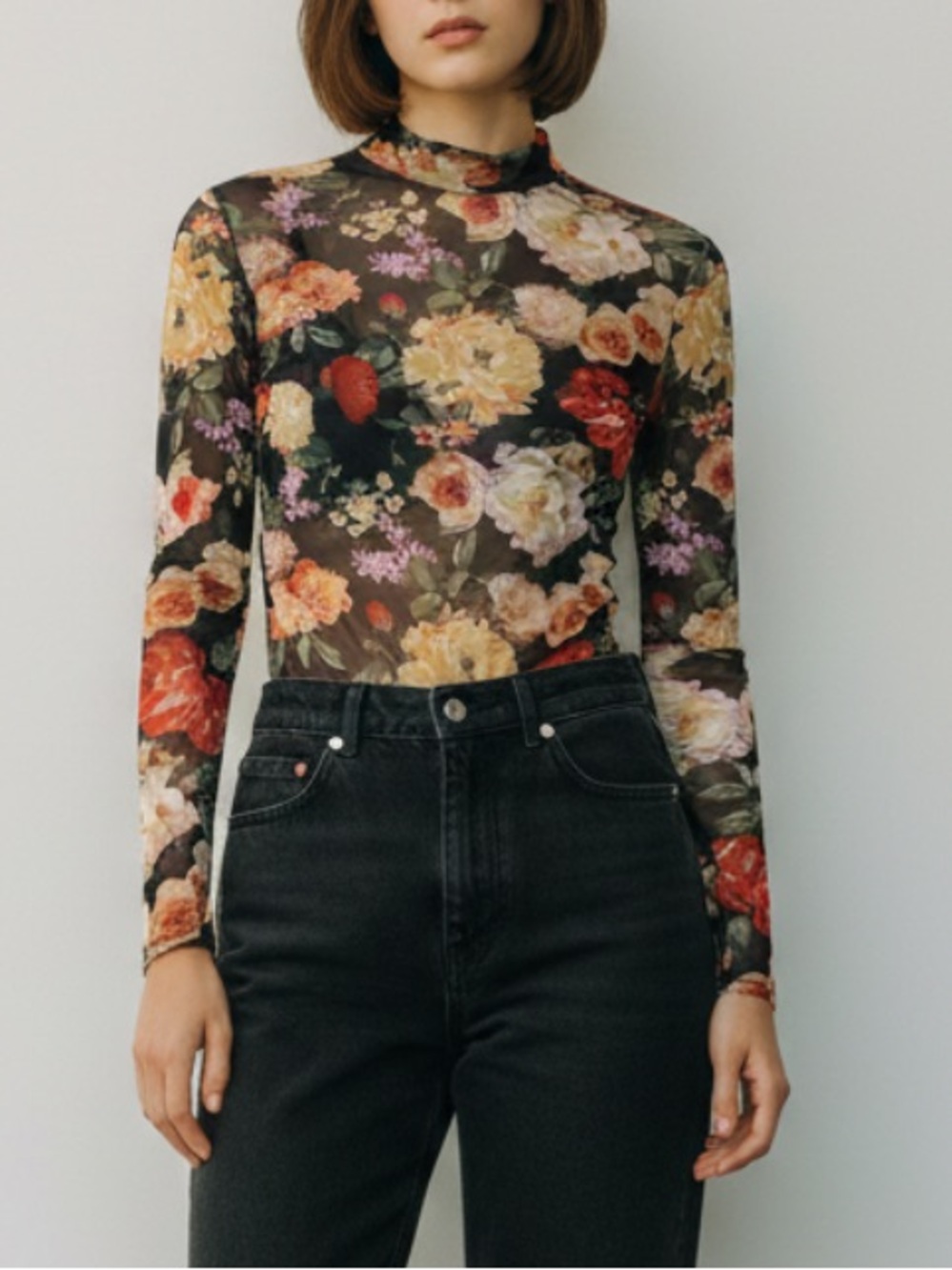 ORANGE KISS Sheer Floral Mesh Bodysuit - Black with Peach & Red Roses